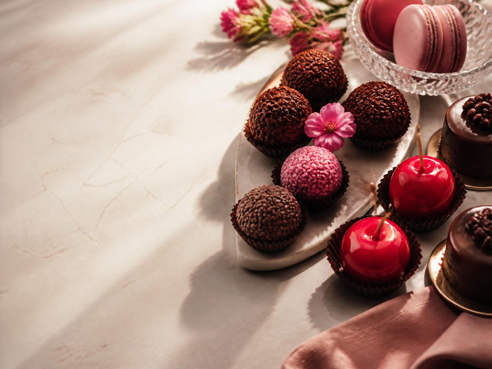 Seleção de brigadeiros artesanais, morangos do amor e macarons